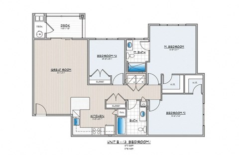 Floor plan for 3 beds, 2 baths, 1372 sqft